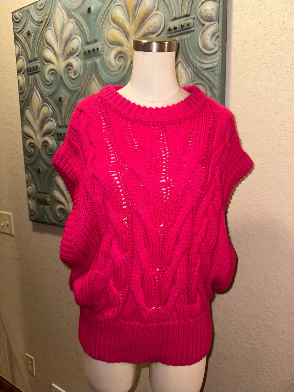 VICI Womens Large Hot Pink Cable Knit Sweater Oversized Chunky Short Sleeve